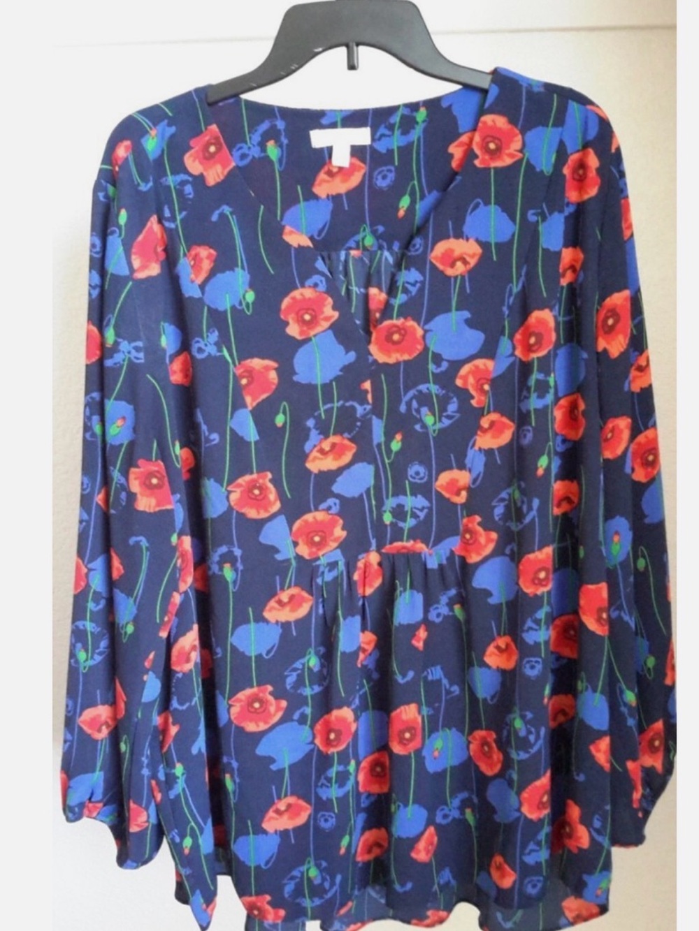Navy Floral Notch-Neck Blouse with Red & Blue Poppies